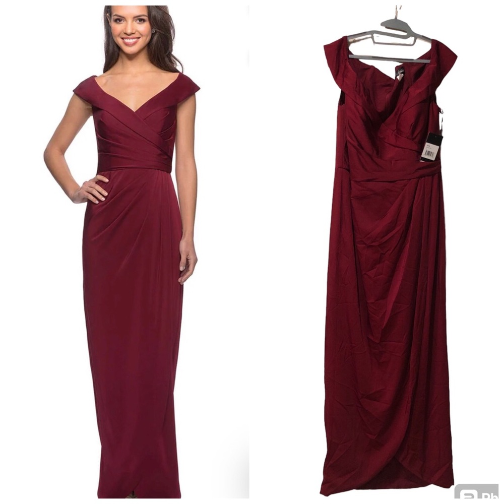 NWT La Femme Ruched Cap Sleeved Long Jersey Dress Size 16 Burgundy